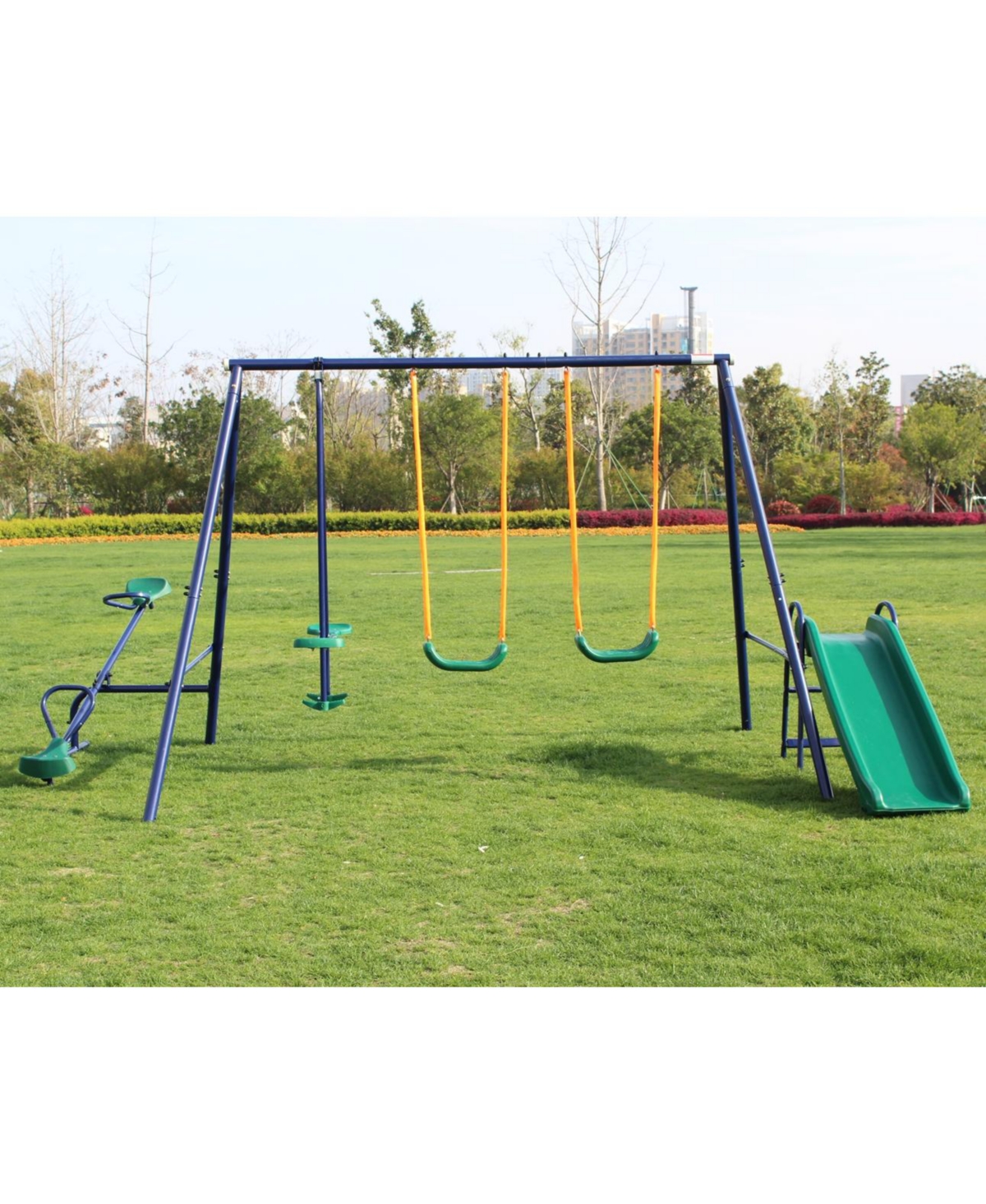 Swing Sets for Backyard, 700 Lbs Outdoor Swing Set with 2 Swing Seat, 1 Glider, 1 Slide & 1 See-Saw