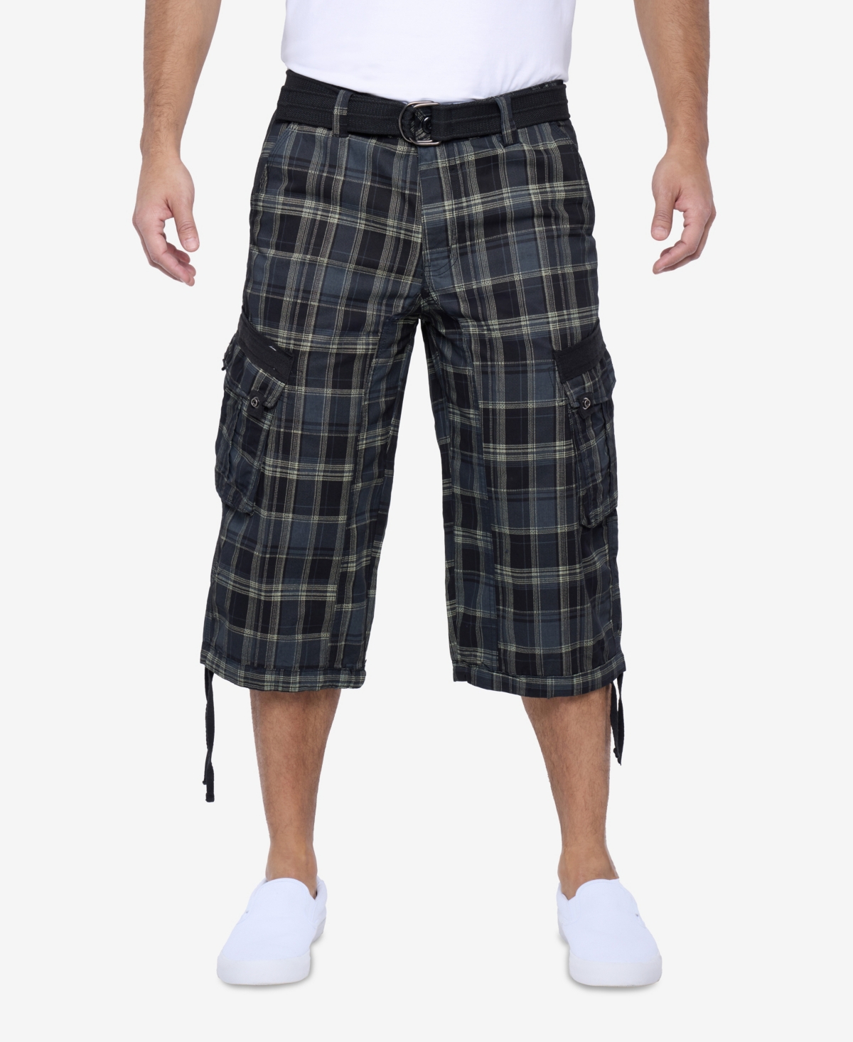 Men's Belted 18" Inseam Below Knee Long Cargo Shorts - Plaid charcoal