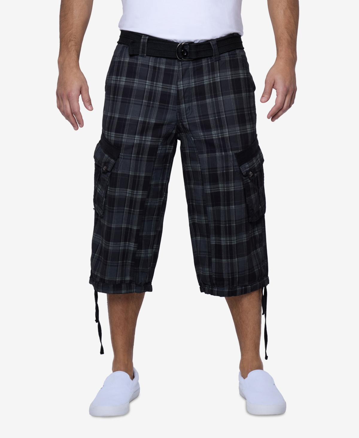 Men's Belted 18" Inseam Below Knee Long Cargo Shorts - Plaid charcoal