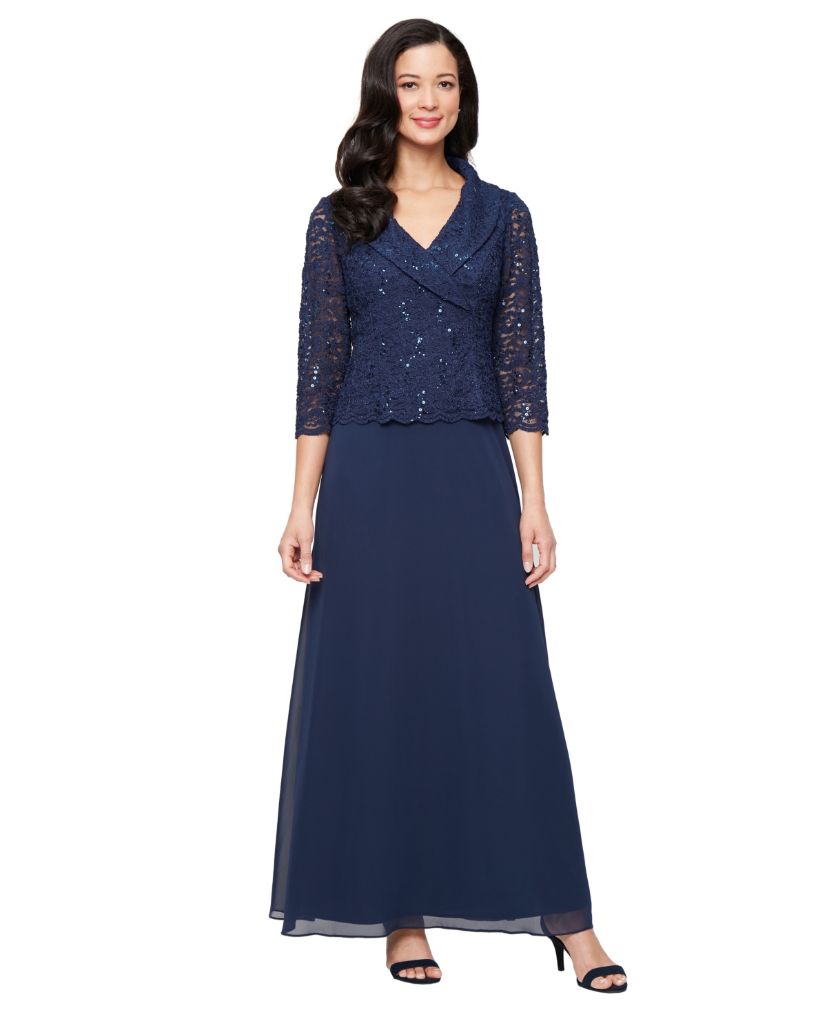 Women's 3/4-Sleeve Lace A-Line Dress - Navy