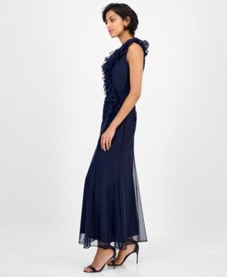 Petite Ruffled V-Neck Sleeveless Mesh Gown