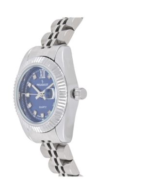Women's Silver-Tone 25mm Fluted Bezel Steel Bracelet Watch with Blue Dial