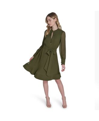 Women's Solid-Color Pleated Chiffon Tie-Belt Dress