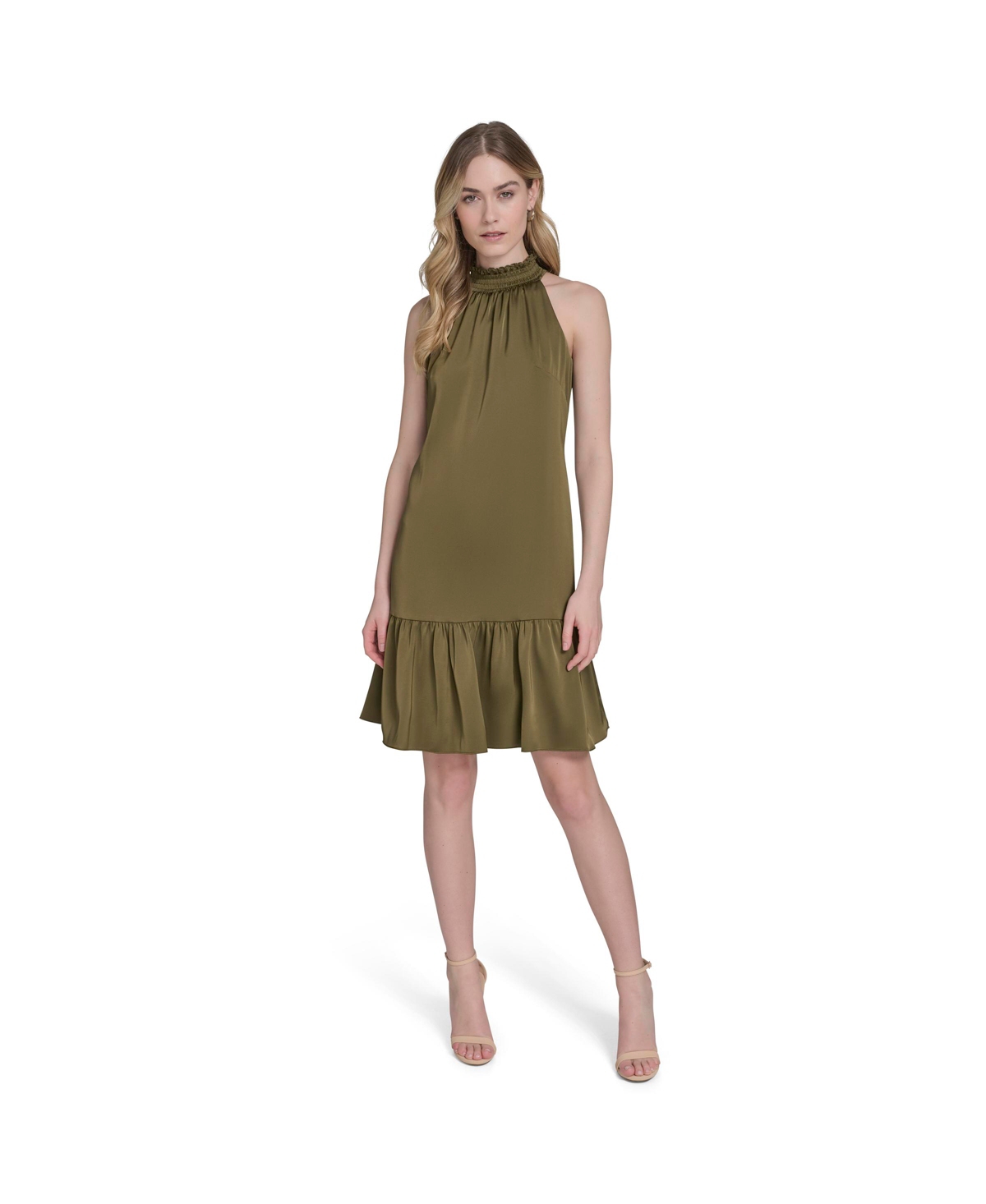 Women's Satin Ruffled A-Line Halter Dress - Olive