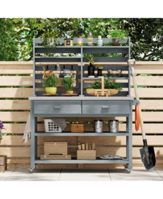 Outdoor Potting Bench Table with Hutch & Stainless Top