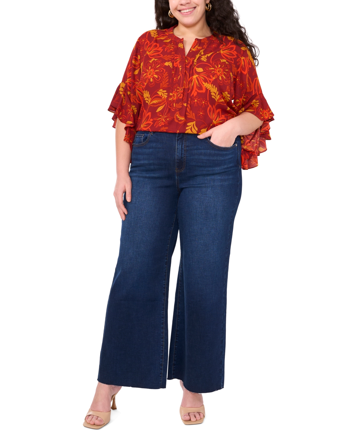 Vince Camuto Plus Size Split-neck Ruffle-cuff Blouse In Burgundy