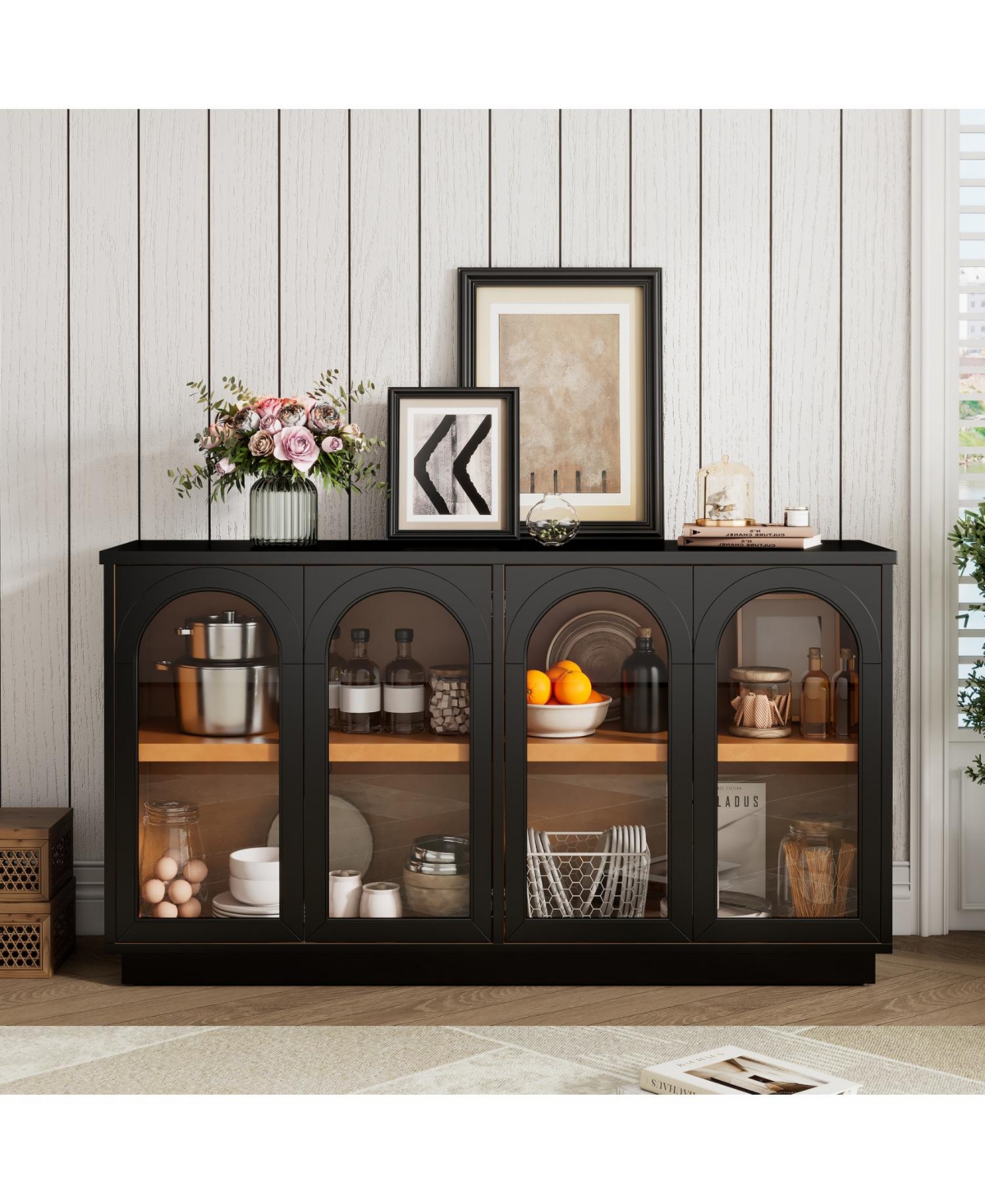 Arched Buffet Cabinet with Glass Doors & Storage