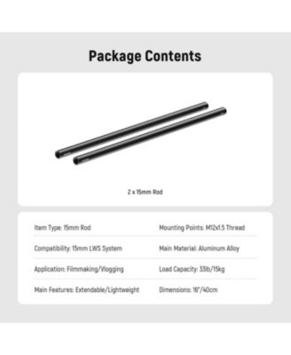 Aluminum Alloy Extendable 16"/40cm Long 2 Pack 15mm Extension Rods for LWS Rod Rail System Shoulder Rig Video Rig Baseplate, SR024