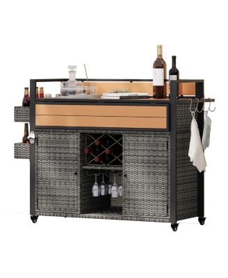 Wicker Grill Cart with Table Top & Storage