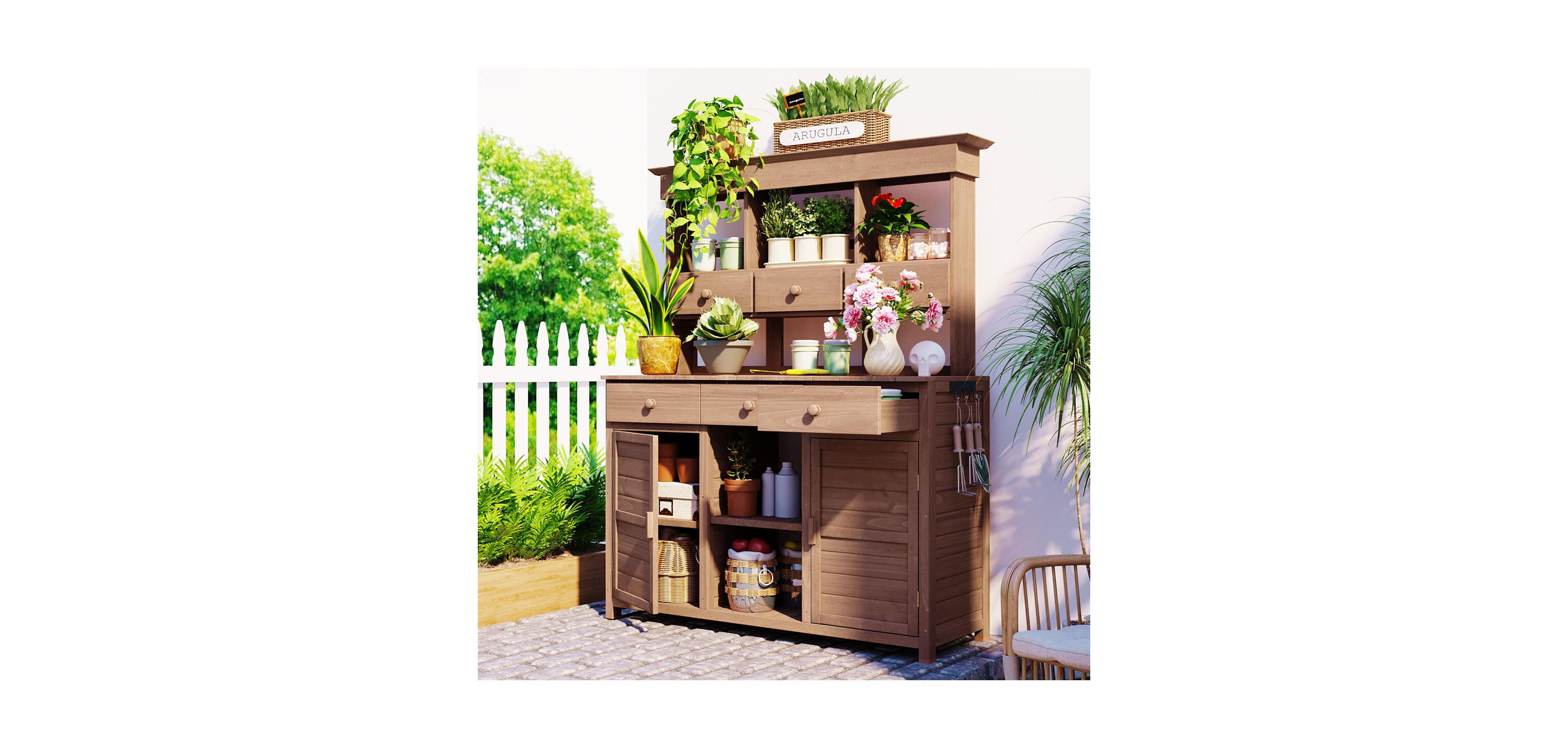 Garden Potting Bench with Hutch & Storage