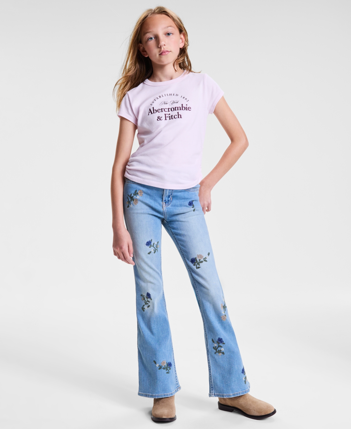 Abercrombie Girls High-rise Floral Embroidered Flared Jeans In Blue