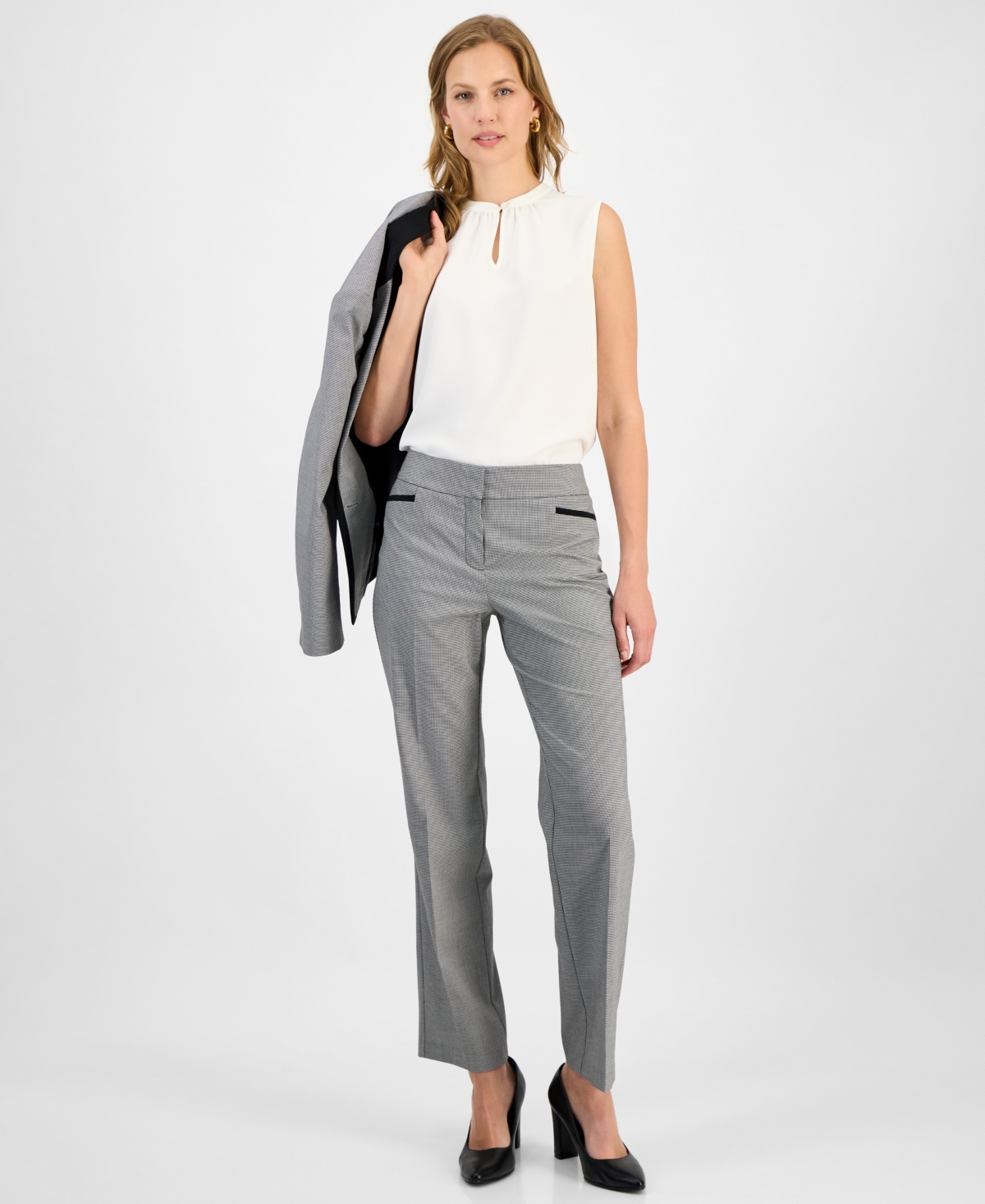 Women's L-Pocket Gingham-Print Pants, Regular & Petite - Black/vanilla Ice