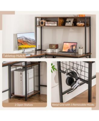 L-shaped Desk with Power Outlet Hutch