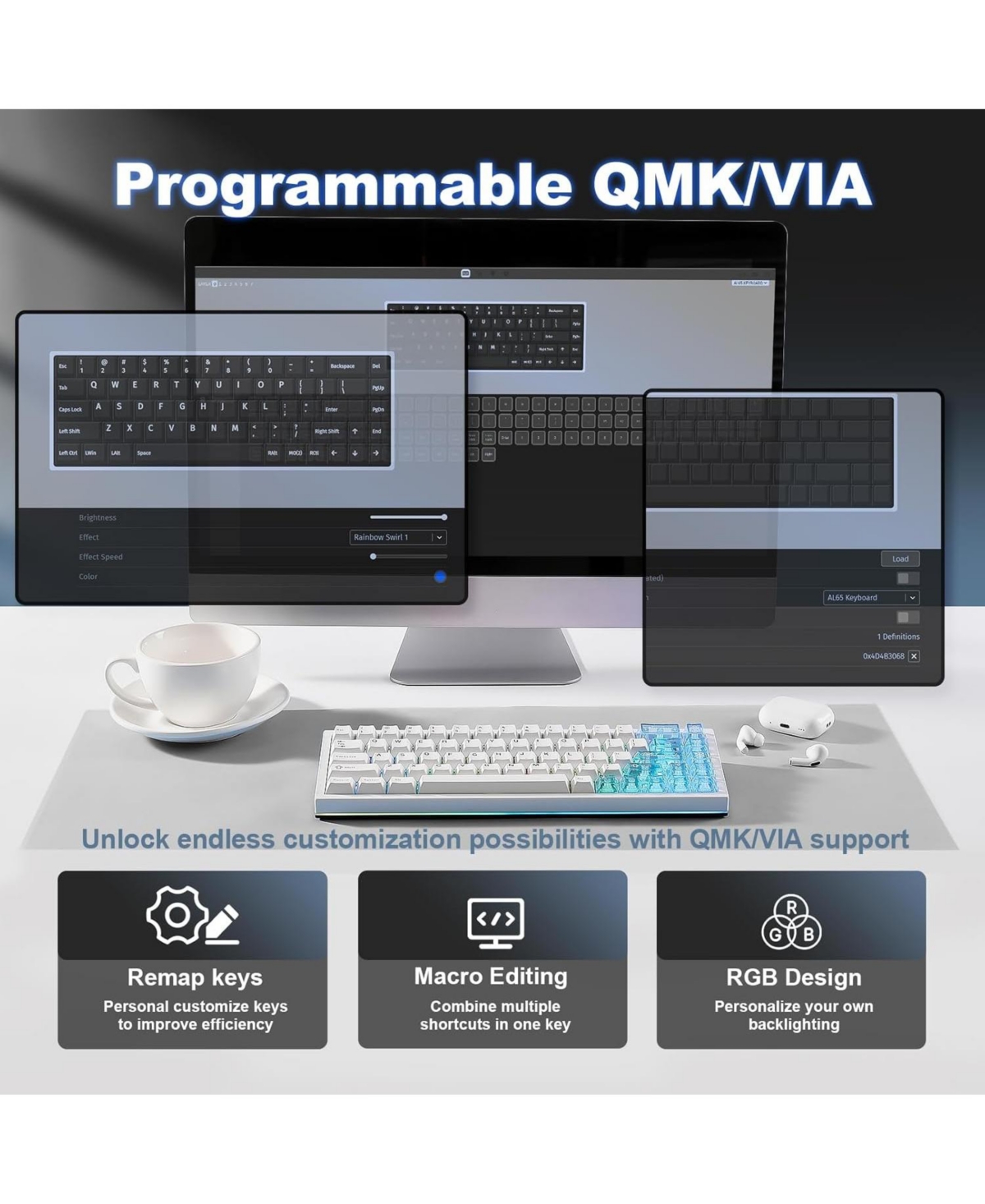 Yunzii AL65 Wireless Mechanical Keyboard, Full Aluminum Cnc,Support Qmk/Via Software Gasket Structure,60% Hot Swappable with Rgb Backlit Bt/2.4G/Usb-c