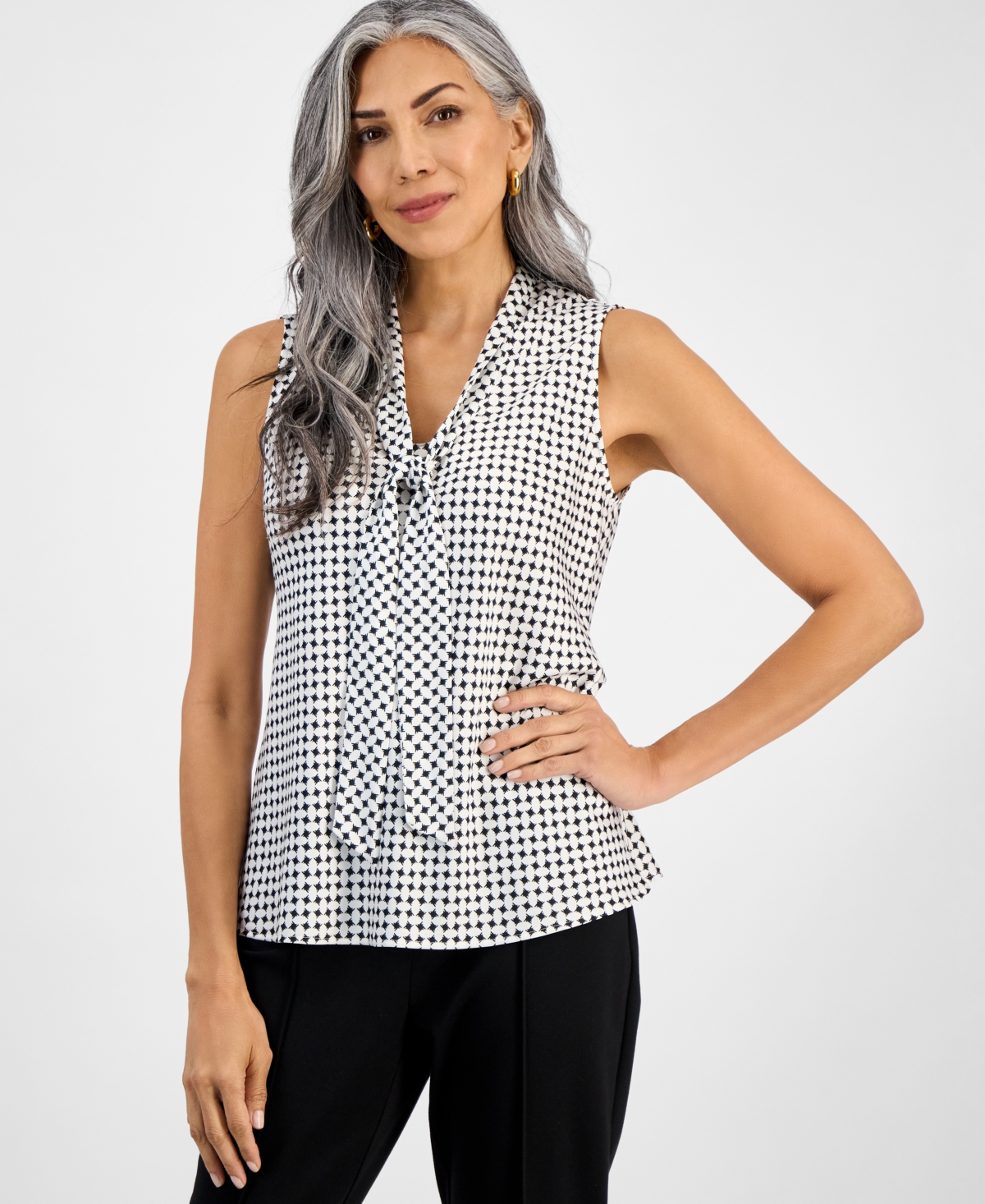 Women's Tie-Neck Sleeveless Top, Regular & Petite - Vanilla Ice/black