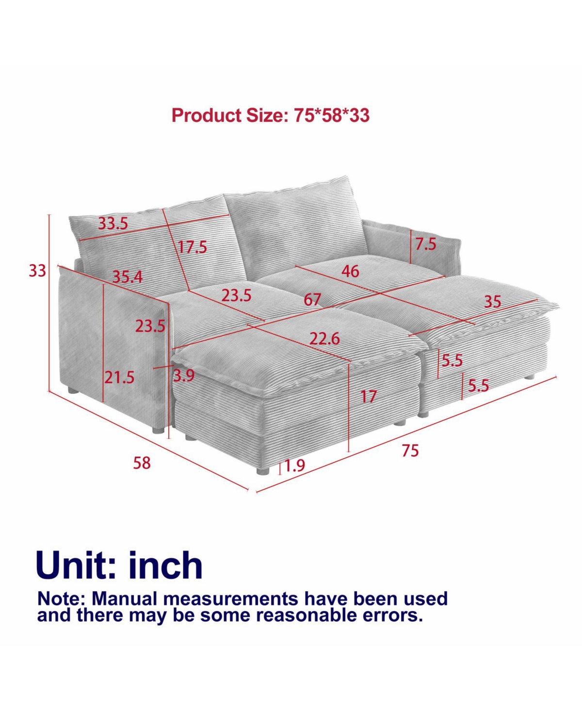 Streamdale Corduroy 2-Seater Sofa with Footrests & Cushions