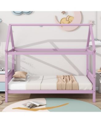 Twin House Bed with Headboard and Footboard, Twin Rubber Wood Bed with House Frame,Pink
