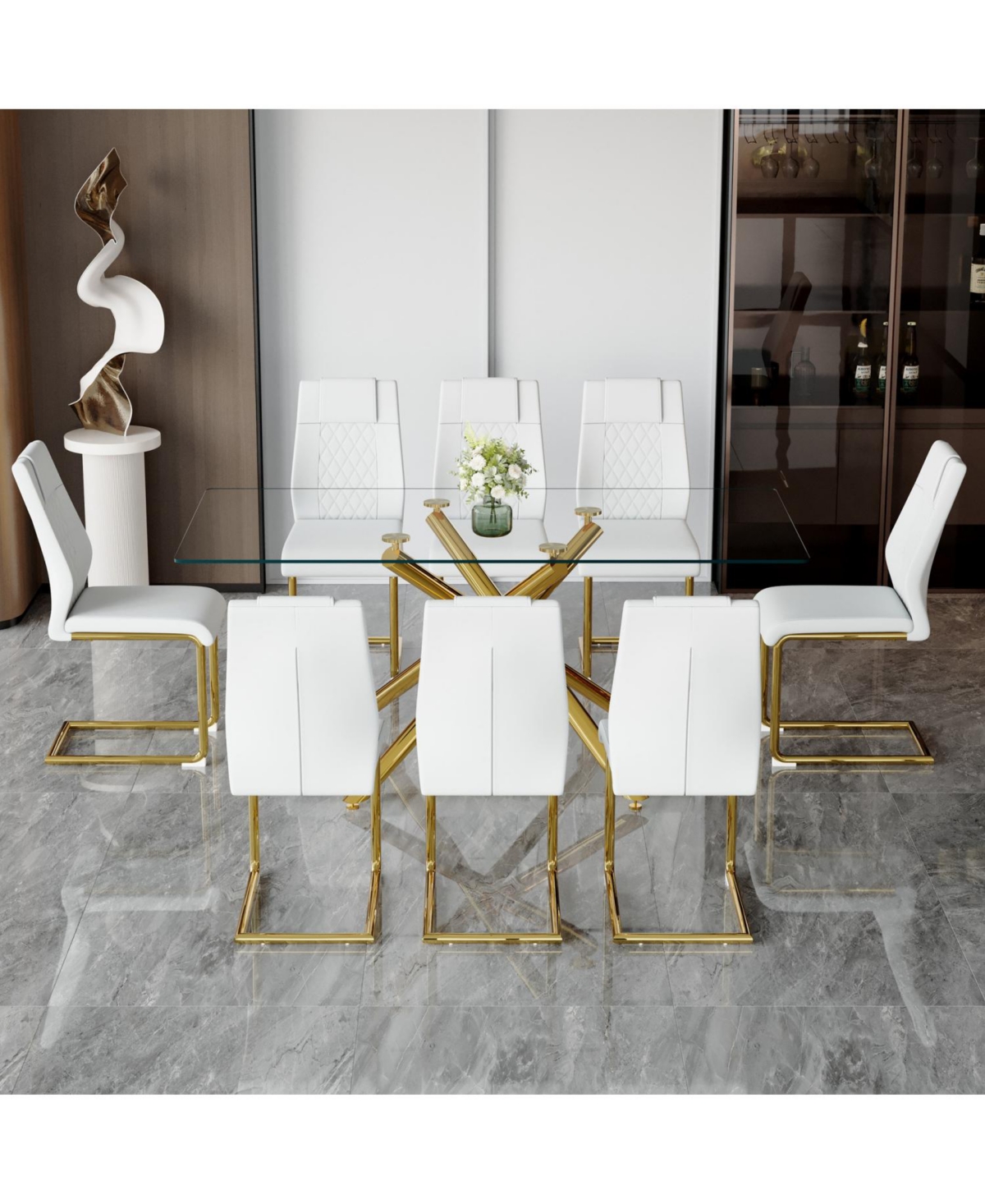 Streamdale Luxurious Glass Dining Set Glass Table & 8 Golden-Legged Pu Chairs