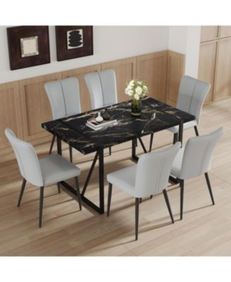 Modern Marble Dining Set with 6 Grey PU Chairs