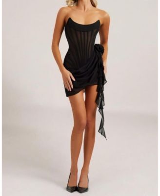 Women's Chiffon Mesh Corset Flower Drape Mini Dress