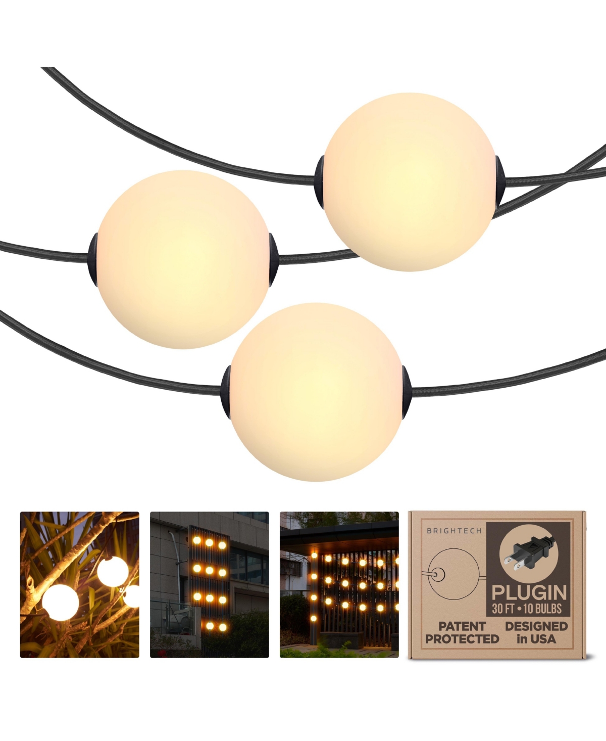 Ambience 30' Led Outdoor Orb String Lights with G100 Bulbs - White Orbs, Black Cord