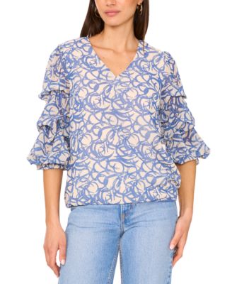 Vince Camuto - Women's Printed V-Neck Lantern-Sleeve Top
