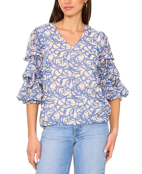 alfani Vince Camuto Women's Printed V-Neck Lantern-Sleeve Top Women's Fashion Shoes & Accessories