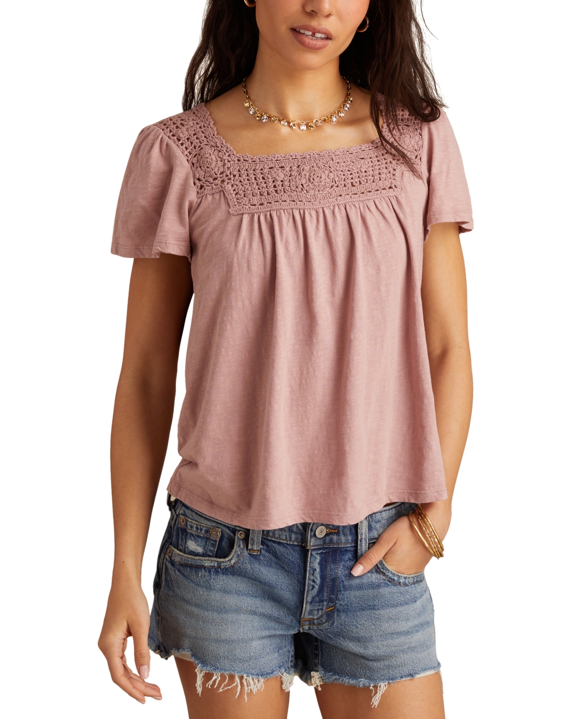 Women's Cotton Crochet-Trim Top - Woodrose
