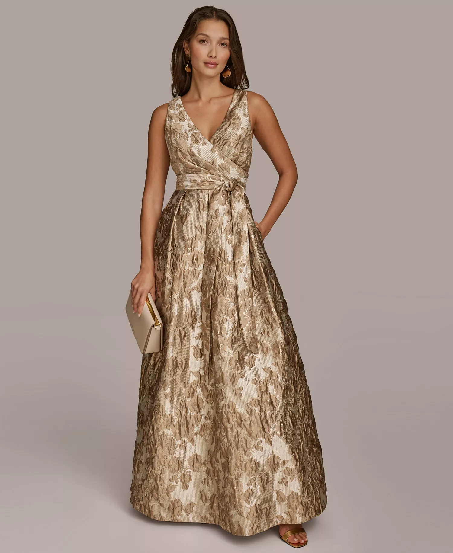 Donna Karan New York, Petite Sleeveless Metallic Brocade V-Neck Ball Gown