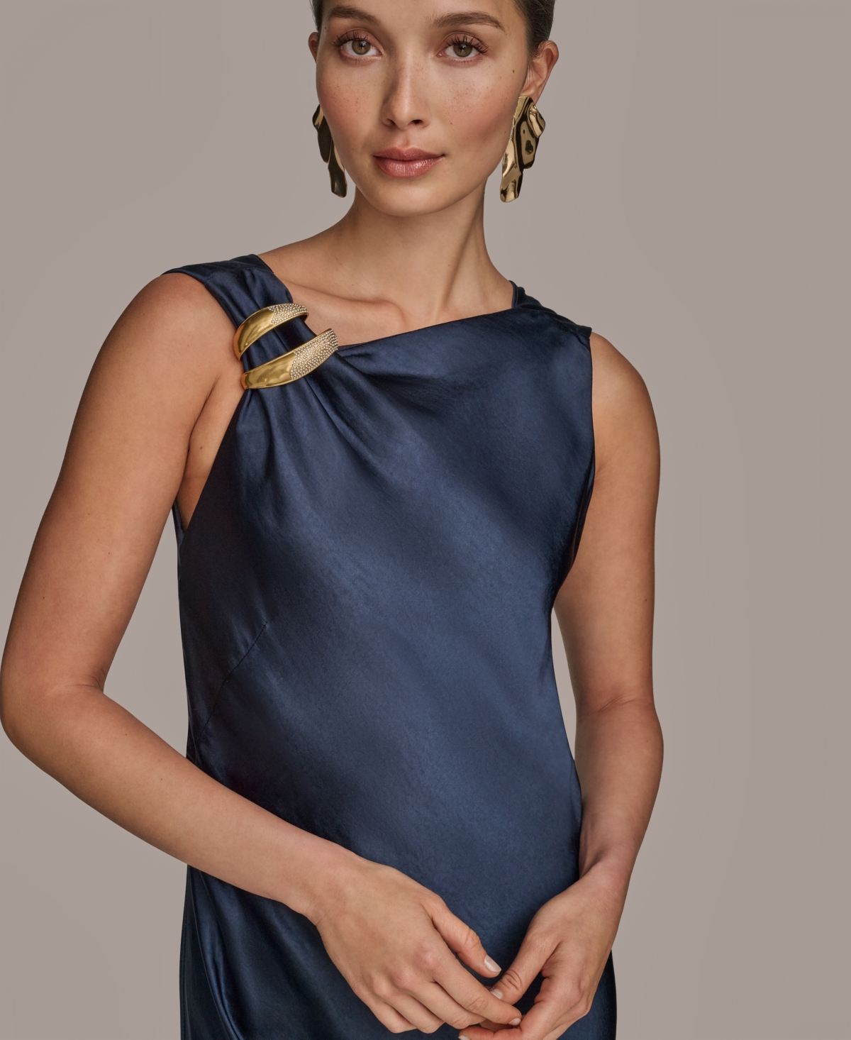 Donna Karan New York Asymmetric Cowl Back Satin Gown In Blue