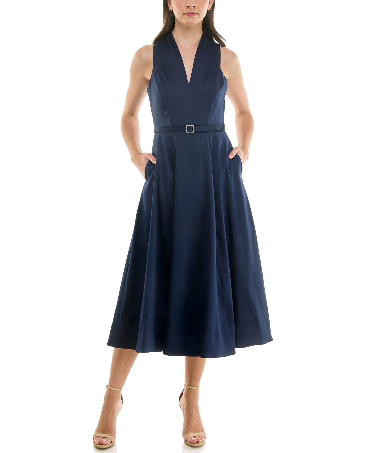 Women's Sleeveless Belted Mikado A-Line Dress - Navy