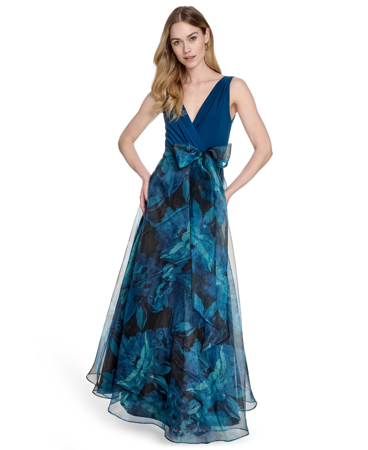 Women's Surplice Printed-Skirt Sleeveless Gown - Teal
