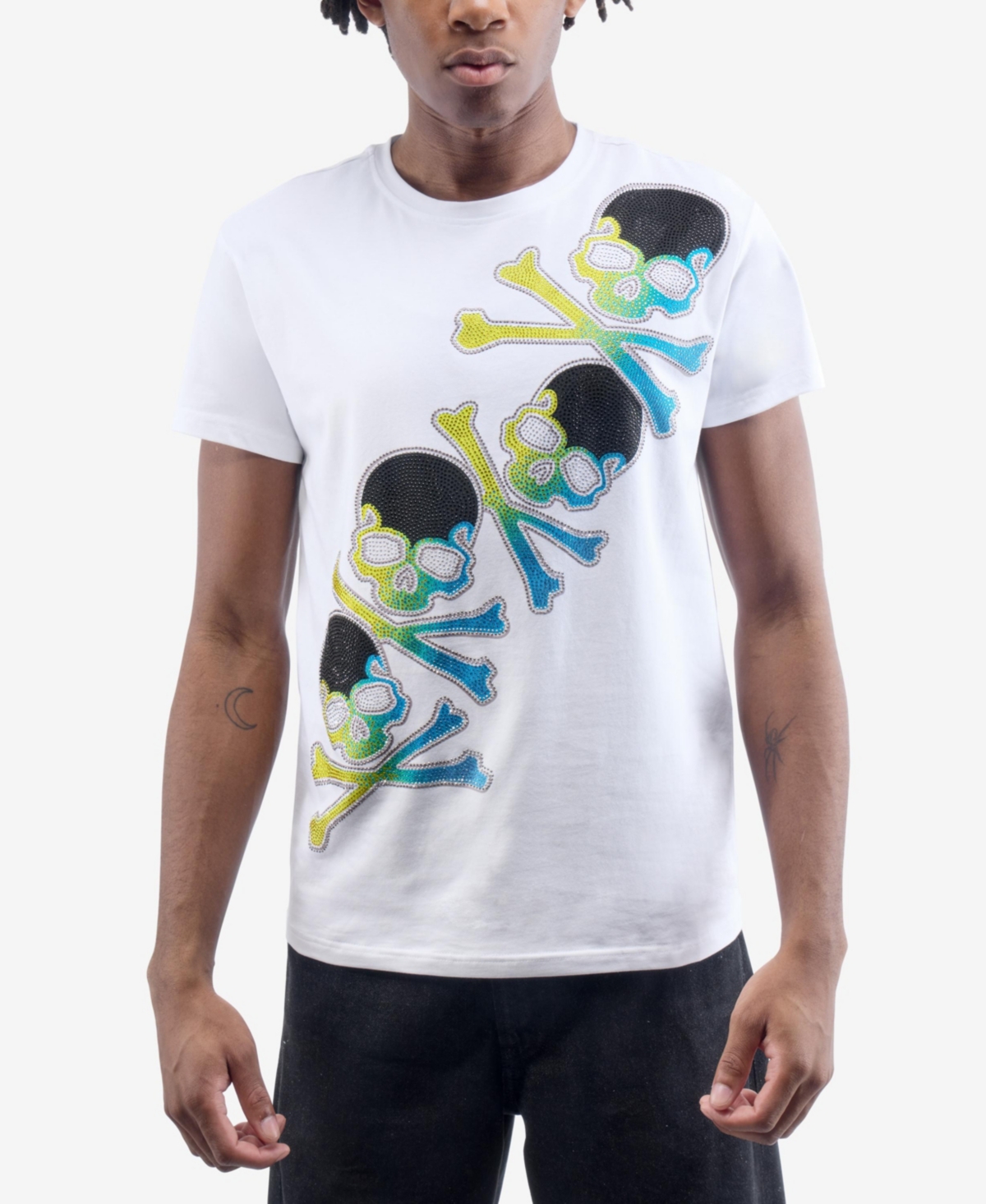 Men's Four Skull Rhinestone Crew T-Shirt - White