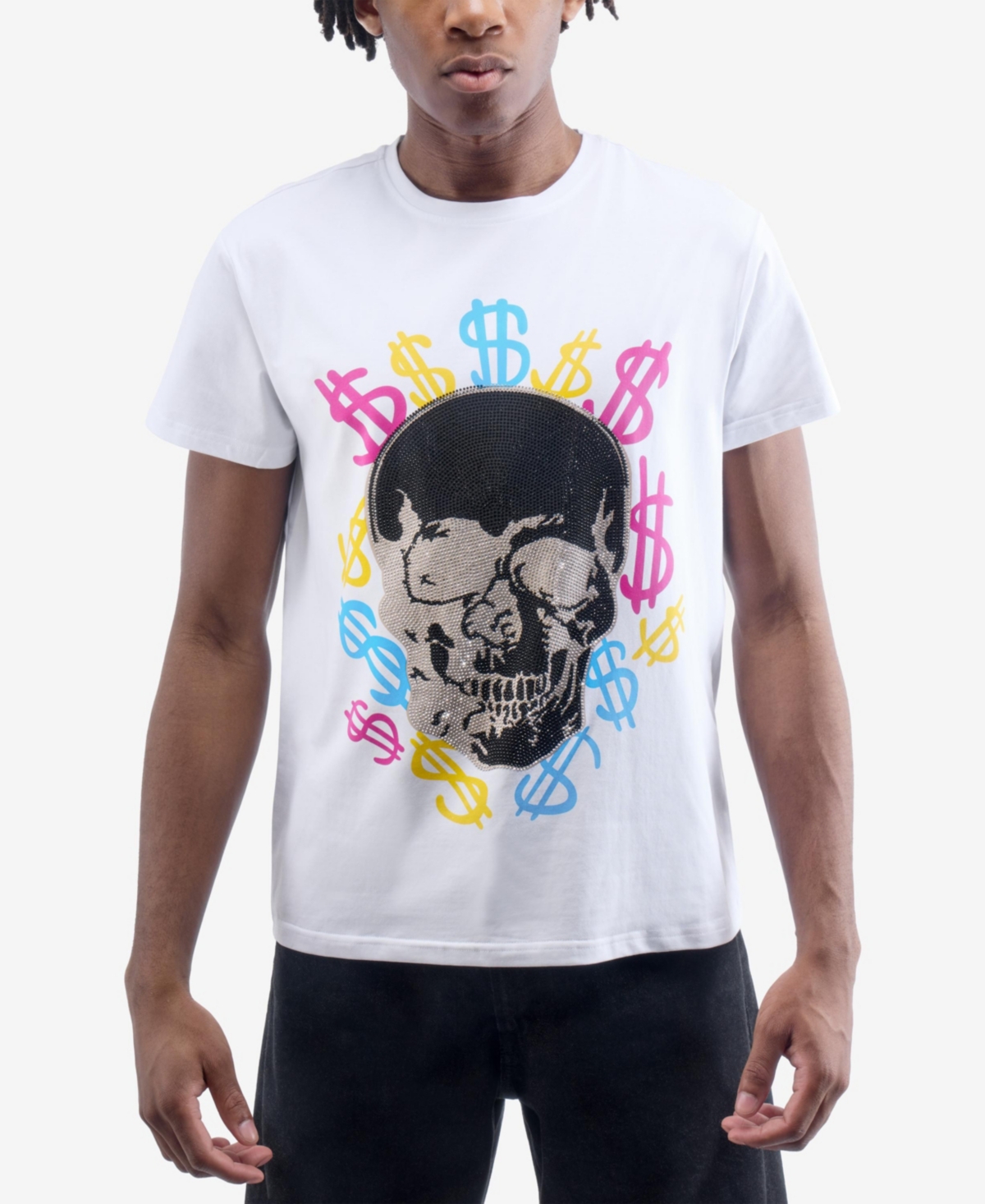 Men's Multi Color Money Skull Rhinestone Crew T-Shirt - White