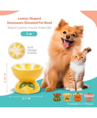 Lemon Shaped Stoneware Elevated Pet Bowl, Raised Ceramic Food & Water Dish for Dogs and Cats