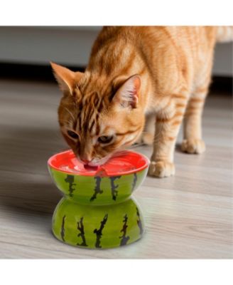Watermelon Shaped Stoneware Elevated Pet Bowl, Raised Ceramic Food & Water Dish for Dogs and Cats