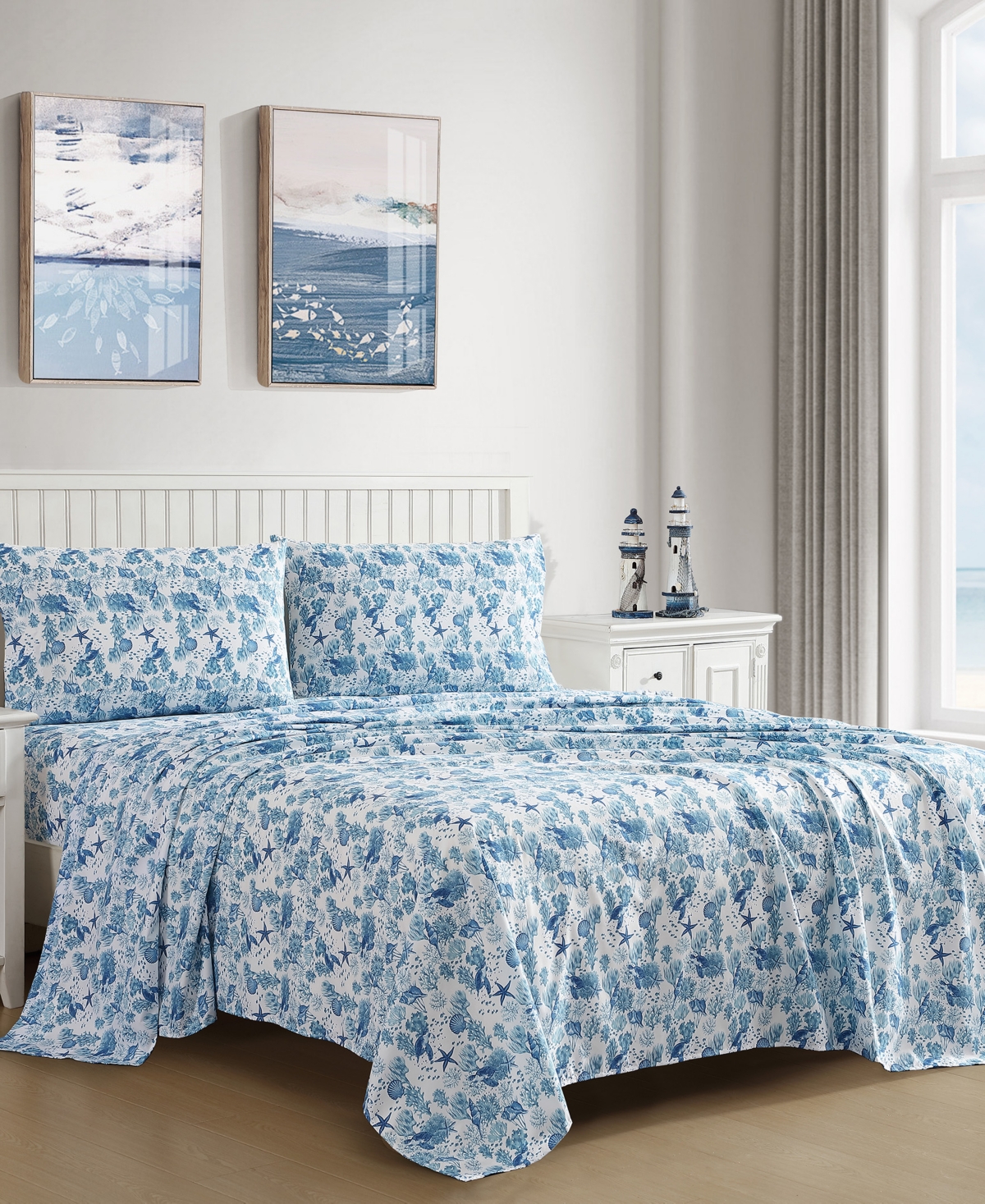 Beatrice Home Fashions Coastal Printed 4-pc. Sheet Set, Queen In Blue