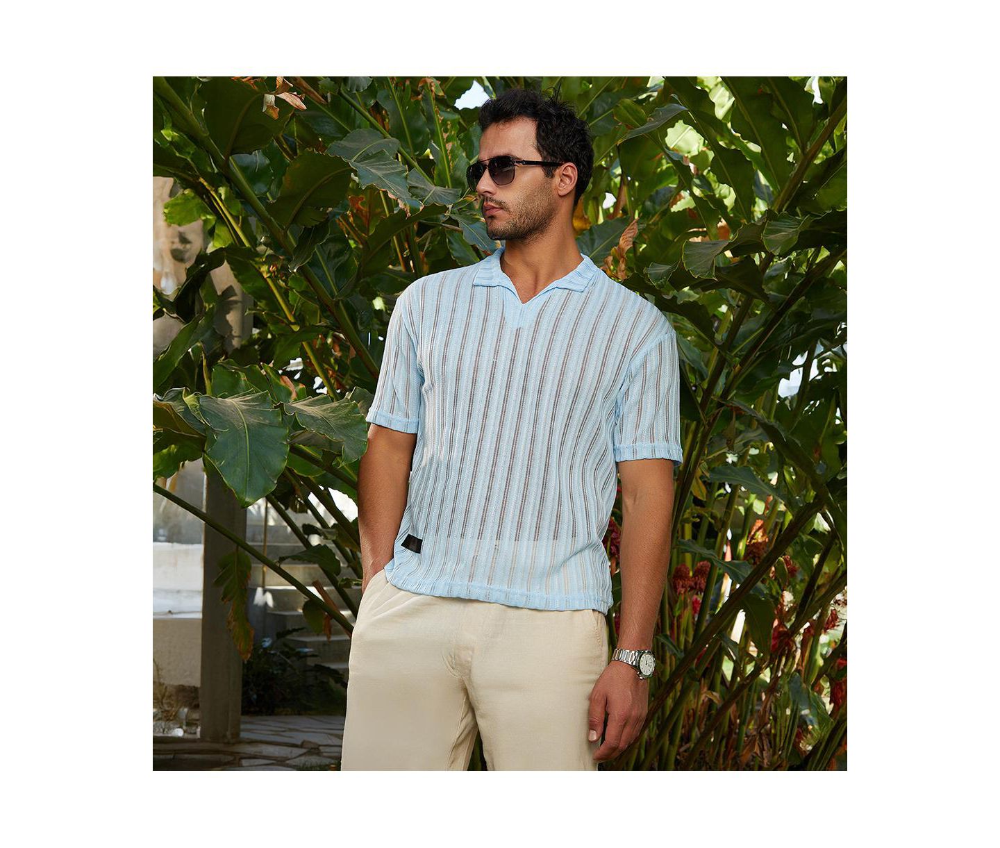 Мужские футболки Cahoot Campus Sutra Baby Blue Duo-Striped Relaxed Polo, цвет: Синий — фото 2