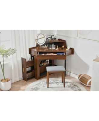 Walnut Corner Vanity Desk with Mirror & LED Lights