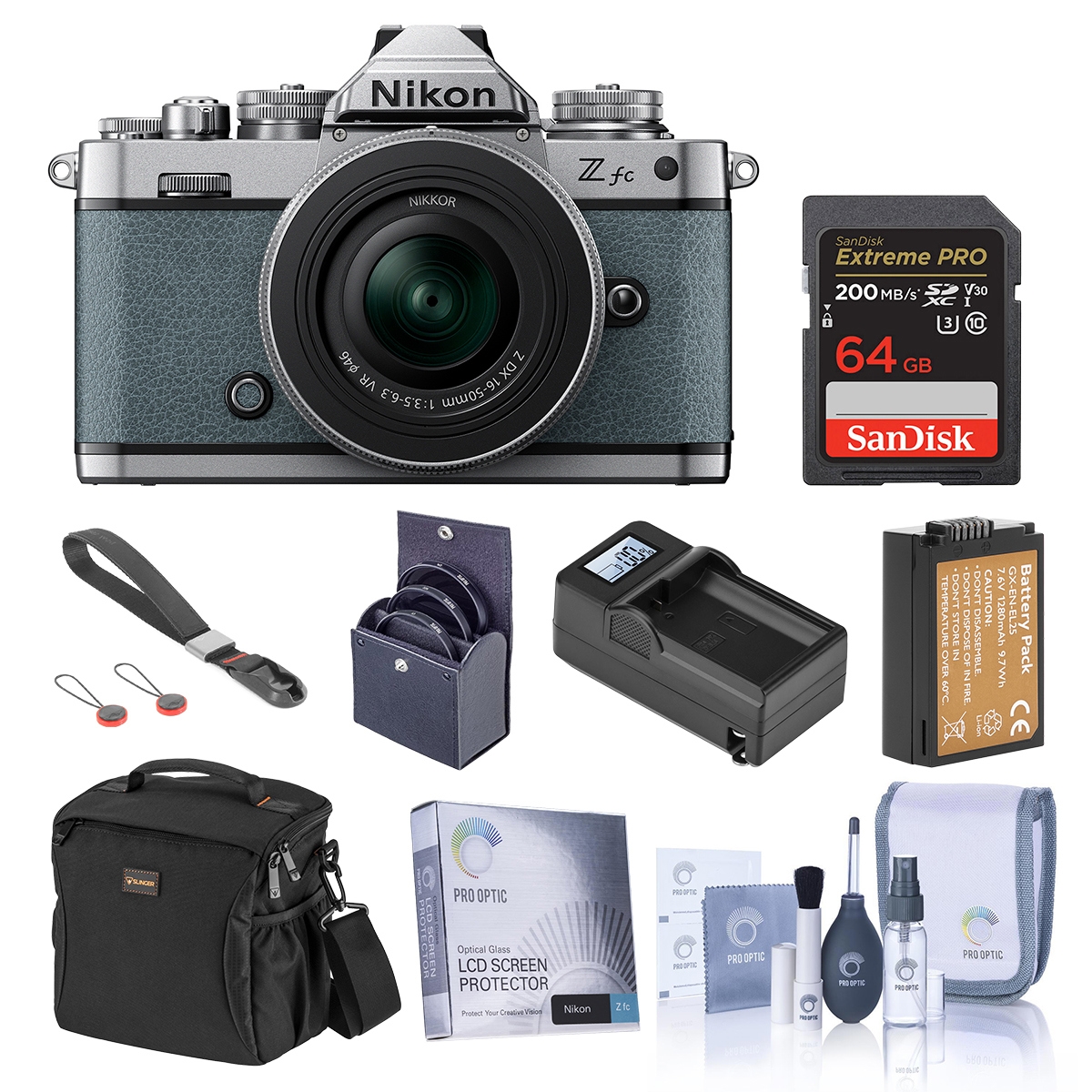 Nikon Z fc Dx-Format Mirrorless Camera, Chalk Blue, with 16-50mm f/3.5-6.3 Lens, Bundle with 64GB Memory Card, Bag, Extra Battery and 46mm Filter Kit