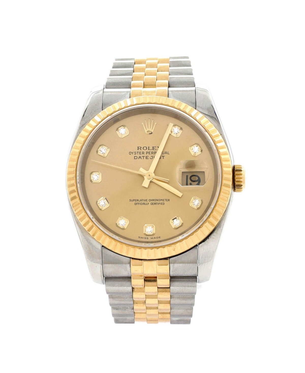 Oyster Perpetual Datejust Automatic Watch in Stainless Steel and Gold with Diamond Markers 36mm - Dial color: gold