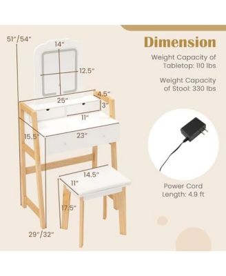2-Pc. Wood Adjustable Height Vanity Desk Set with 3-Color LED Lighted Mirror and Drawers