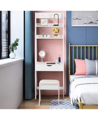 Vanity Desk Set with Flip Top Mirror, Hidden Storage Compartments and Cushioned Stool