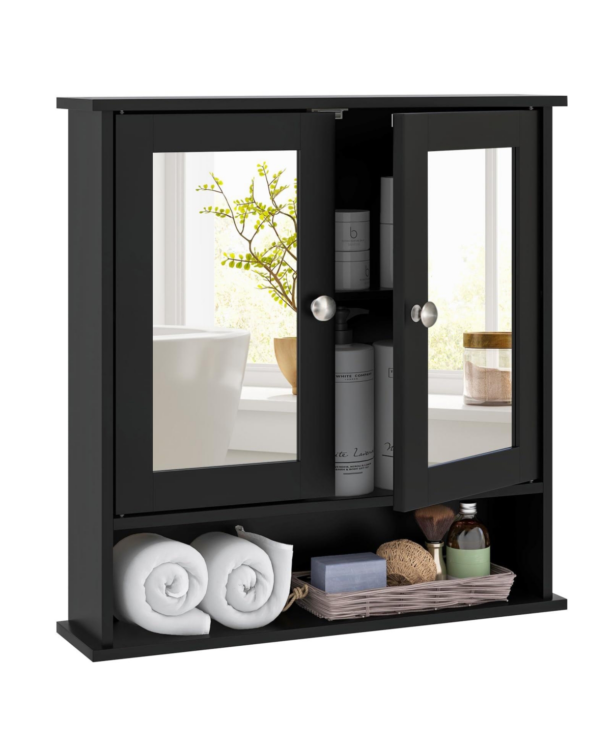 Double Door Wall-Mounted Bathroom Mirror Cabinet with Storage Shelf - Black