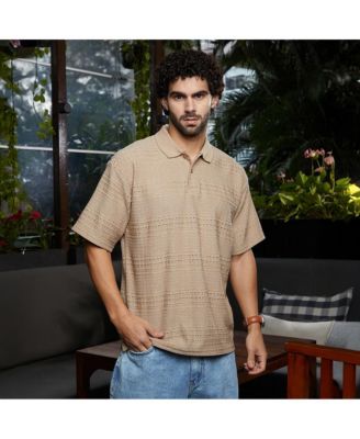 Men's Buff Beige Bohomian Oversized Polo T-Shirt