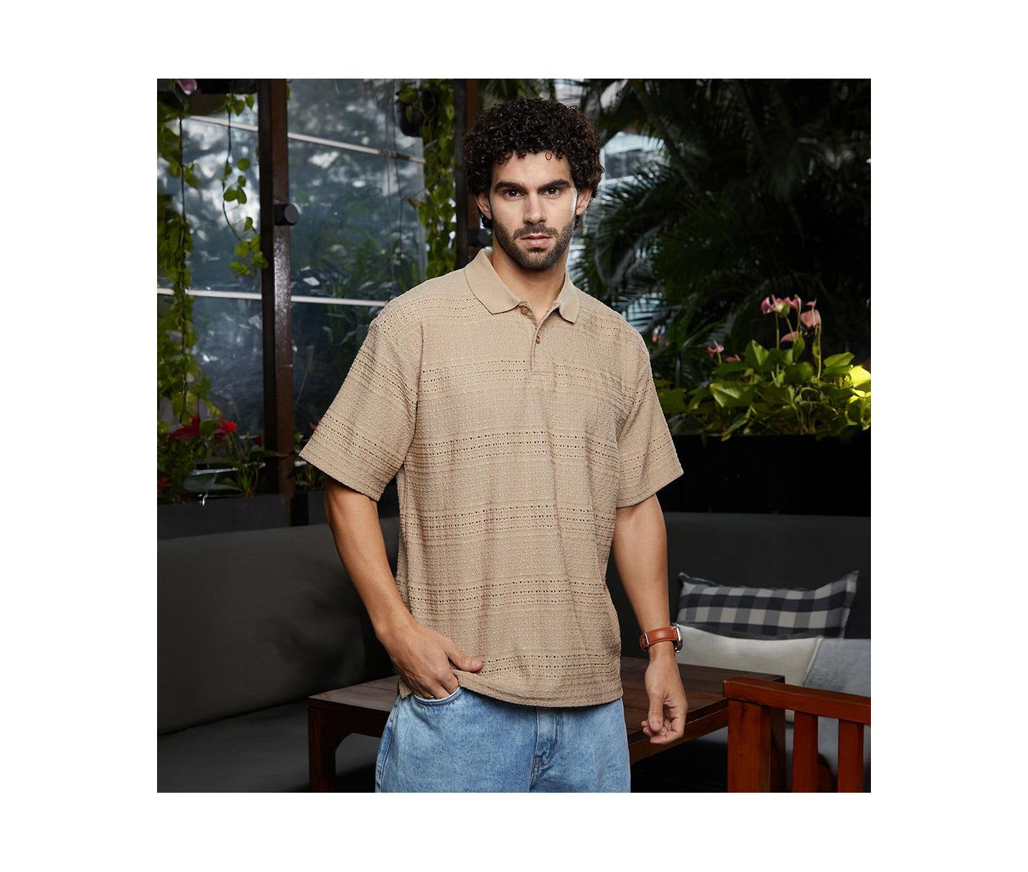Мужская футболка Cahoot Campus Sutra Buff Beige Bohomian Oversized Polo, цвет: Бежевый / Хаки — фото 4