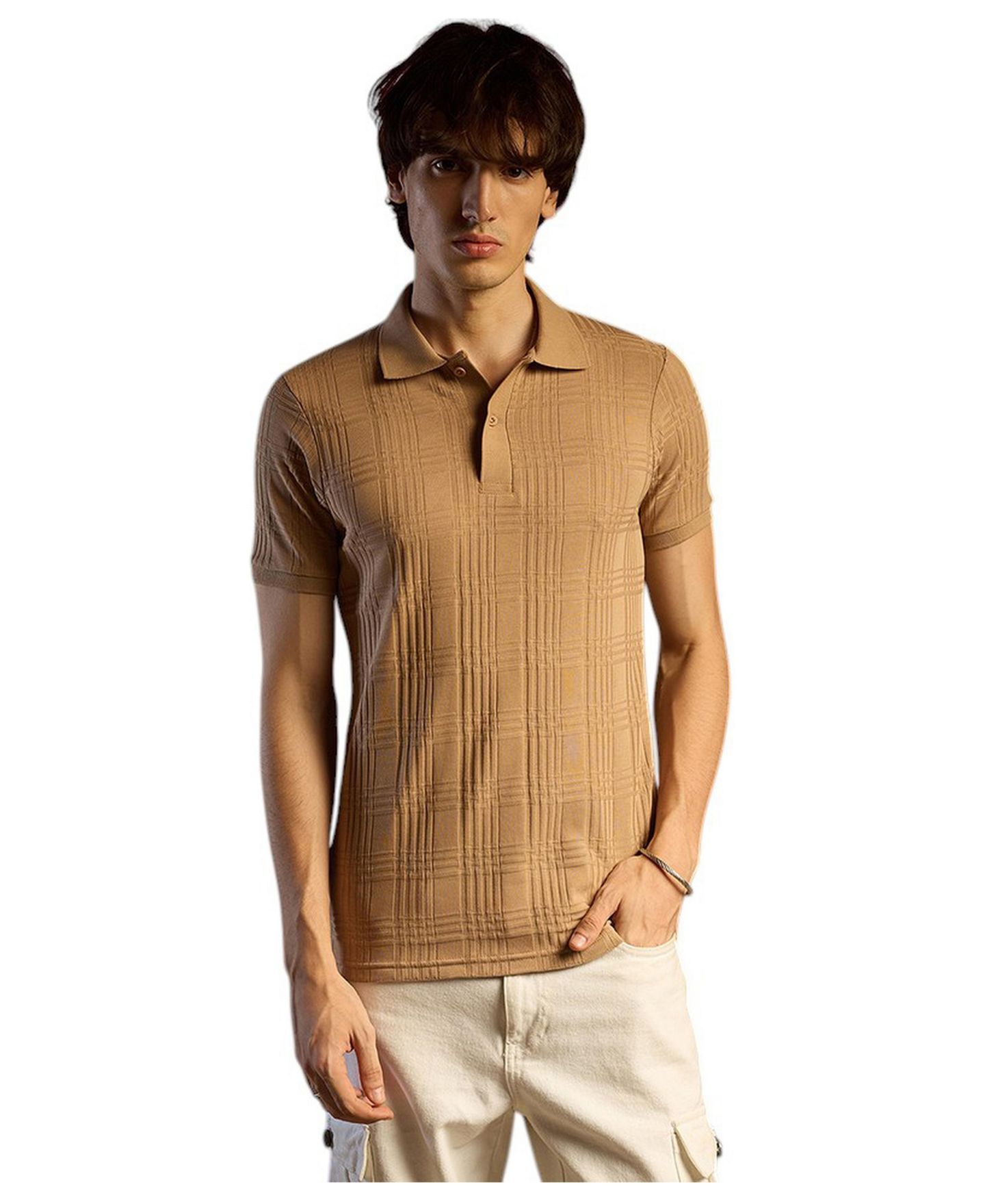 Мужская футболка Cahoot Buff Beige Intertwine-Textured Polo, цвет: Бежевый / Хаки — фото 1