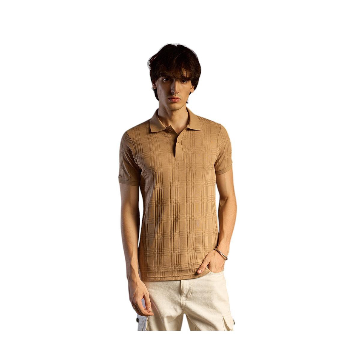 Men's Buff Beige Intertwine-Textured Polo T-Shirt - Beige/khaki
