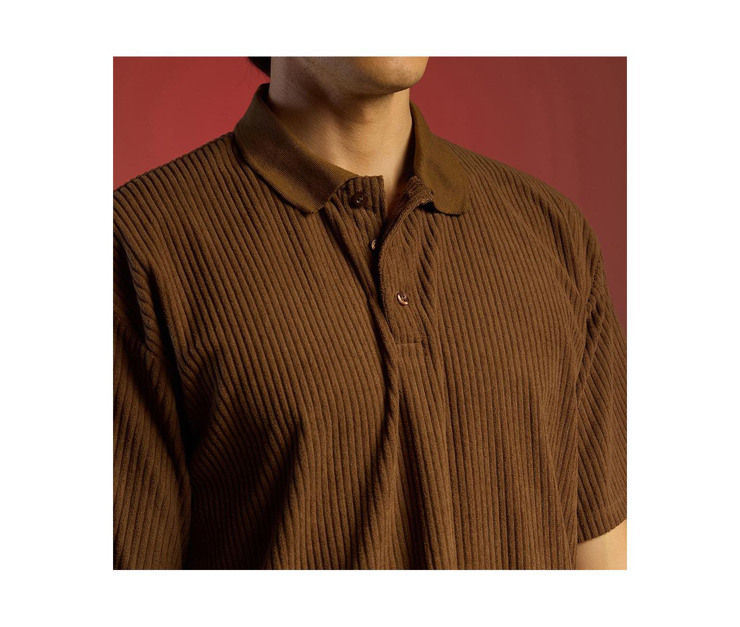 Мужская футболка Cahoot Chocolate Brown Ribbed Oversized Polo, цвет: Коричневый — фото 7