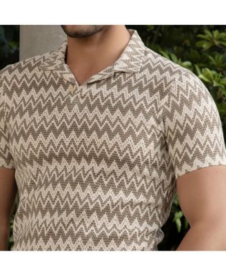 Men's French Beige & Off White Zig-Zag Knit Polo T-Shirt